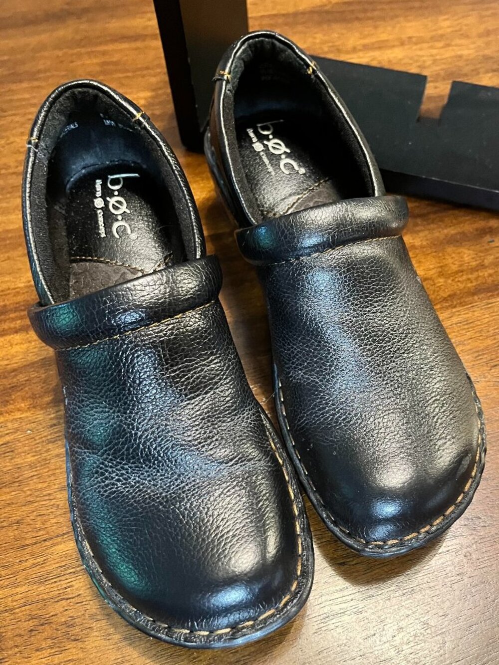Size 6.5 Women's Black Leather Slip-On Clog Shoes by b.o.c. (Born Concept)